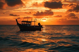Un bateau solitaire flotte sur une mer tranquille sous un ciel de coucher de soleil aux nuances ardentes, évoquant la sérénité des sépultures marines