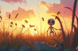 Une image d'un squelette de dessin animé debout dans un champ au coucher de soleil, symbolisant la mort dans les dessins animés avec une touche d'espoir et de beauté.