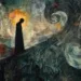 L'image représente une silhouette sombre entourée de tourbillons et de lignes abstraites dans le style d'Edvard Munch, illustrant le concept de l'art thérapie et son rôle dans le processus de deuil.