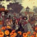 Festivals de la Mort : Illustration d'une célébration du Día de los Muertos au Mexique, avec des squelettes festifs en costumes traditionnels parmi des fleurs de souci et des autels illuminés par des bougies.