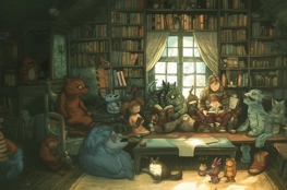 Littérature jeunesse : Une illustration représentant des enfants et des personnages anthropomorphiques lisant ensemble dans une bibliothèque, offrant un cadre rassurant pour expliquer la mort aux jeunes lecteurs.