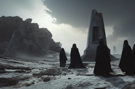 Une procession solennelle de personnages en capes noires se dirige vers un monolithe en pierre dans un paysage désolé, capturant l'essence des rites funéraires tels qu'ils pourraient être décrits dans la littérature dystopique.