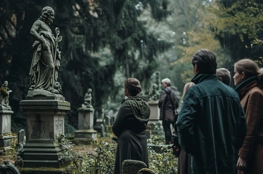 Groupe de visiteurs en manteaux d'hiver observant une statue historique dans un cimetière, entouré d'arbres anciens, reflétant l'utilisation des cimetières comme espaces de loisirs culturels.