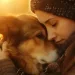 Une femme en étreinte émotionnelle avec son chien contre un arrière-plan lumineux, illustrant le rôle des animaux dans le processus de deuil.