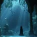 Dans un film d'animation, un personnage solitaire contemple une statue dans un cimetière éclairé par des lumières célestes, symbolisant la mort et le passage du temps.