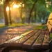 Un banc de parc vide au coucher du soleil, une scène sereine pour réfléchir avec des poèmes et chansons pour défunts