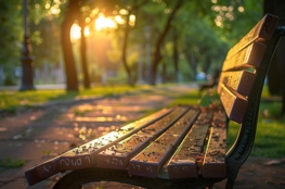 Un banc de parc vide au coucher du soleil, une scène sereine pour réfléchir avec des poèmes et chansons pour défunts