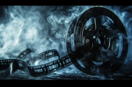 Bobine de film enveloppée de fumée évoquant la mort dans le cinéma d'horreur.
