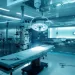 Salle d'autopsie contemporaine montrant l'avancée technologique dans l'histoire des autopsies, avec une table d'examen au centre, un éclairage chirurgical au-dessus et des équipements médicaux autour