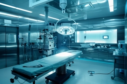 Salle d'autopsie contemporaine montrant l'avancée technologique dans l'histoire des autopsies, avec une table d'examen au centre, un éclairage chirurgical au-dessus et des équipements médicaux autour