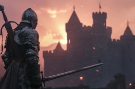 Un chevalier médiéval contemple un château au crépuscule, évoquant les rituels de la mort dans les sociétés secrètes du passé.