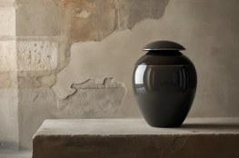 Une urne funéraire noire brillante, symbolisant l'histoire de la crémation en France, repose sur un support en pierre devant un mur ancien aux textures variées.