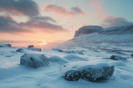 Un paysage hivernal immaculé au crépuscule, évoquant la tranquillité et la solennité des rites funéraires dans l'extrême nord.