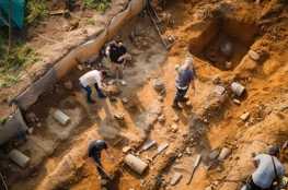 Fouilles archéologiques révélant des vestiges liés à l'archéologie de la mort, avec des artefacts funéraires et des ossements humains émergeant du sol, tandis que des archéologues s'affairent à documenter chaque découverte.