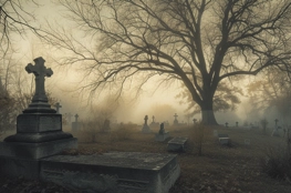 Un cimetière brumeux avec des tombes et une nature endormie, témoignant de l'impact des épidémies sur les communautés.