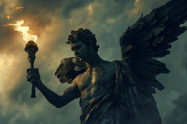 Statue d'un ange symbolisant un personnage de la mort, tenant une torche enflammée sous un ciel nuageux.