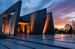 Un crématorium moderne capturé au coucher du soleil, illustrant l'évolution dans l'histoire des crématoriums avec une architecture moderne et épurée.