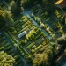Vue aérienne d'un cimetière verdoyant démontrant l'impact de la mort sur l'architecture, avec des allées et des parcelles ordonnées, entourées d'arbres et de haies, reflétant une conception intentionnelle et respectueuse.
