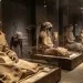 Une série de figures historiques momifiées, présentées dans une exposition sombre, mettant en évidence l'art ancien de l'embaumement.