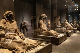 Une série de figures historiques momifiées, présentées dans une exposition sombre, mettant en évidence l'art ancien de l'embaumement.