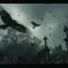 Un cimetière brumeux avec des corbeaux volant et perchés sur des croix, illustrant les superstitions de mort et funérailles.