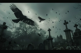 Un cimetière brumeux avec des corbeaux volant et perchés sur des croix, illustrant les superstitions de mort et funérailles.