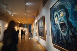 Visiteurs dans une galerie d'art moderne et contemporain contemplant "Le Cri" de Munch, une œuvre emblématique représentant la mort et l'angoisse.