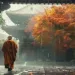 Un moine bouddhiste marche dans la cour d'un temple zen parmi les feuilles d'automne, illustrant la signification de la mort dans le zen comme un chemin vers la compréhension et l'acceptation de l'impermanence.