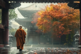 Un moine bouddhiste marche dans la cour d'un temple zen parmi les feuilles d'automne, illustrant la signification de la mort dans le zen comme un chemin vers la compréhension et l'acceptation de l'impermanence.