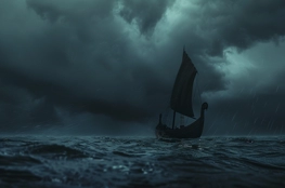 Un navire viking solitaire affronte une tempête violente sur une mer déchaînée, évoquant le voyage mythique vers l'au-delà, une traversée métaphorique vers Helheim tel qu'imaginé dans les récits de la mort dans la mythologie nordique