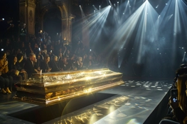 Un cercueil doré exceptionnellement orné est présenté sur une scène éclairée par des projecteurs, entouré par une audience attentif, illustrant les coutumes funéraires dans le monde de la mode.