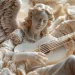 Sculpture d'un ange jouant de la guitare, possiblement un élément de tendance dans le design de monuments funéraires, démontrant l'artisanat délicat et une attention aux détails avec des textures semblables à du marbre.