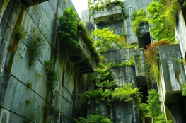 Une structure de cimetière vertical en béton s'intègre à la végétation environnante, illustrant un chapitre dans l'Histoire des Cimetières Verticaux où la nature reprend ses droits