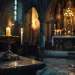 Un intérieur d'église avec une bougie allumée sur un candélabre devant un livre ouvert, évoquant l'histoire des reliques et la réflexion spirituelle qu'elles inspirent.