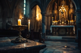 Un intérieur d'église avec une bougie allumée sur un candélabre devant un livre ouvert, évoquant l'histoire des reliques et la réflexion spirituelle qu'elles inspirent.