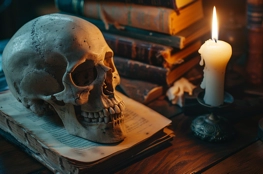 Un crâne humain posé sur un livre ouvert, éclairé par une bougie, avec des livres anciens en arrière-plan, incarne le memento mori, l'art de se souvenir de l'inévitabilité de la mort."