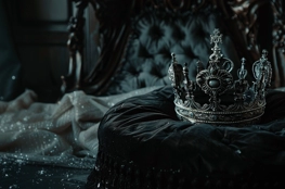 Une couronne royale posée sur un trône de velours noir, symbolisant le deuil dans la royauté.