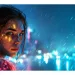 Portrait d'une femme cybernétique sous une pluie nocturne en ville, symbolisant la réflexion sur la mort dans le Cyberpunk, avec des lumières de la ville en arrière-plan créant une atmosphère immersive