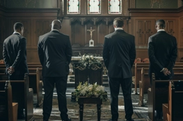Quatre porteurs de cercueil en tenue formelle se tiennent prêts dans une église, illustrant leur rôle respectueux dans les services funéraires.