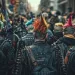 Un groupe de punks avec des Mohawks colorés et des vêtements cloutés se rassemble dans la rue, incarnant les rituels de la mort dans la culture punk à travers leur apparence et leur comportement non conformistes.