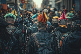 Un groupe de punks avec des Mohawks colorés et des vêtements cloutés se rassemble dans la rue, incarnant les rituels de la mort dans la culture punk à travers leur apparence et leur comportement non conformistes.