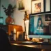 Un bureau à domicile chaleureusement éclairé avec un ordinateur montrant une vidéoconférence, incarnant la création d'un mémorial en ligne pour honorer et se souvenir des êtres chers à distance.