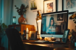 Un bureau à domicile chaleureusement éclairé avec un ordinateur montrant une vidéoconférence, incarnant la création d'un mémorial en ligne pour honorer et se souvenir des êtres chers à distance.