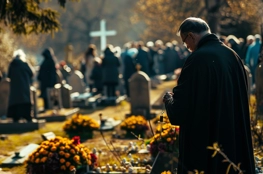 Un homme plus âgé en prière tenant un chapelet dans un cimetière lors d'une commémoration, évoquant le recueillement et le renouveau de la foi en cette période de Pâques.