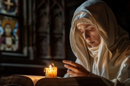 Une dévote en prière dans une chapelle, éclairée par la lumière d'une bougie, rappelant la ferveur et la sainteté associées à la Tête de Sainte Catherine de Sienne.