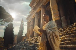 Un homme vêtu d'une toge comme dans l'Antiquité lit un livre d'oraisons funèbres célèbres sur les marches d'un temple ancien sous un ciel ensoleillé.