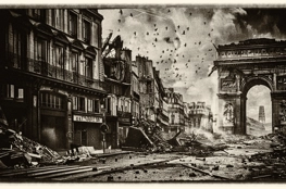 Une représentation artistique d'une rue parisienne en ruine avec l'Arc de Triomphe au fond, évoquant la thématique de 'La Jetée' par Chris Marker