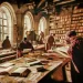 Dans cette reconstitution d'un scriptorium médiéval, des moines en robes pourpres s'affairent à la copie de manuscrits, évoquant l'ère où le Codex Gigas, l'immense livre des légendes, était encore activement étudié et transcrit dans de tels lieux de savoir