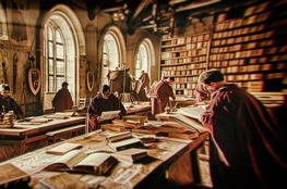 Dans cette reconstitution d'un scriptorium médiéval, des moines en robes pourpres s'affairent à la copie de manuscrits, évoquant l'ère où le Codex Gigas, l'immense livre des légendes, était encore activement étudié et transcrit dans de tels lieux de savoir