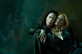 Deux personnages énigmatiques dans une étreinte sereine, comme capturés dans une scène du film 'Only Lovers Left Alive', évoquant amour et immortalité